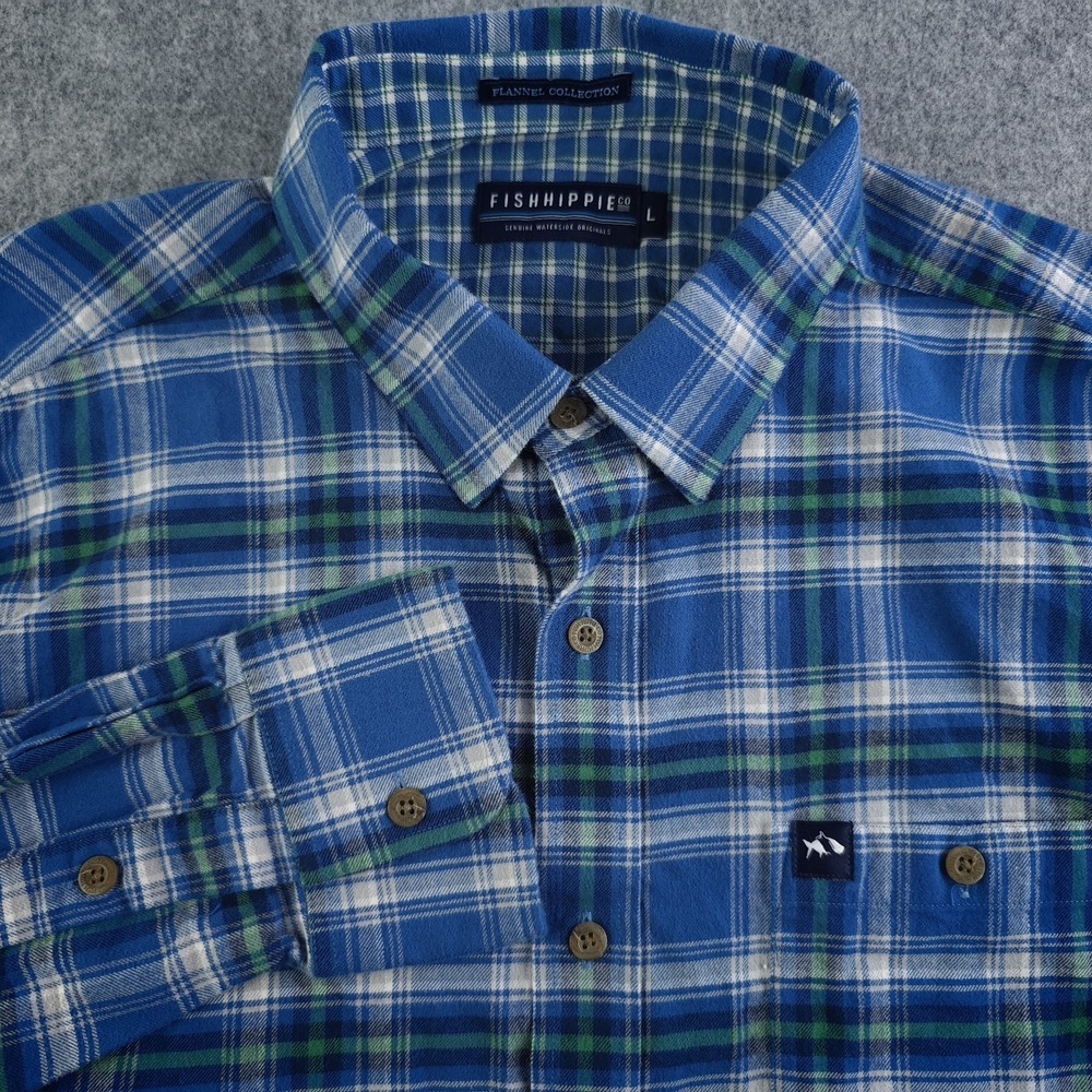 Fish Hippie Flannel Collection Shirt Mens Large Blue Green Plaid Button Up